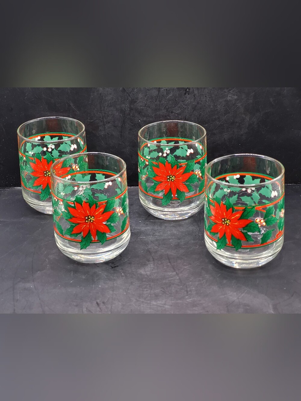Vintage KIG Indonesia Christmas Poinsettia Tumblers Set of 4 Lowball Glasses 3.5